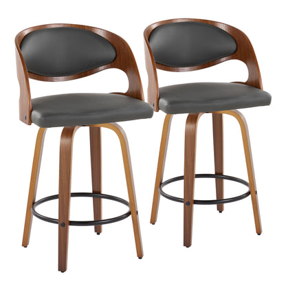Pino - Mid-Century Modern Fixed Height Barstool With Swivel With Round Footrest (Set of 2) - Walnut / Gray