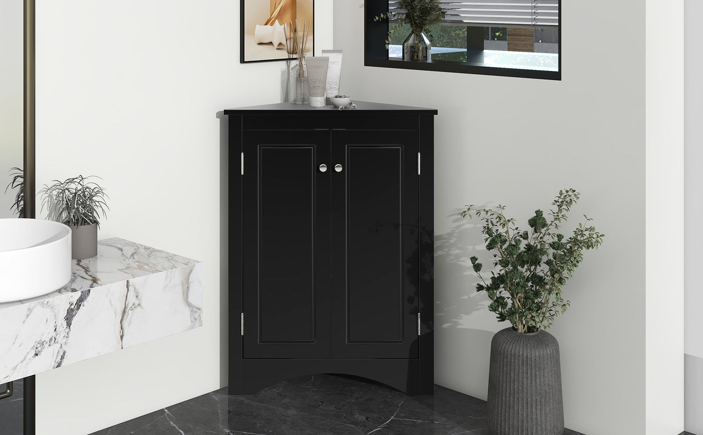 Triangle Bathroom Storage Cabinet With Adjustable Shelves, Freestanding Floor Cabinet For Home Kitchen - Black