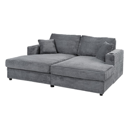 Oversized Loveseat Chaise Lounge Sectional Sofa Bed Corduroy Sleeper Sofa With 2 USB Ports, 2 Cup Holders And 2 Throw Pillows For Living Room And Bedroom - Dark Gray