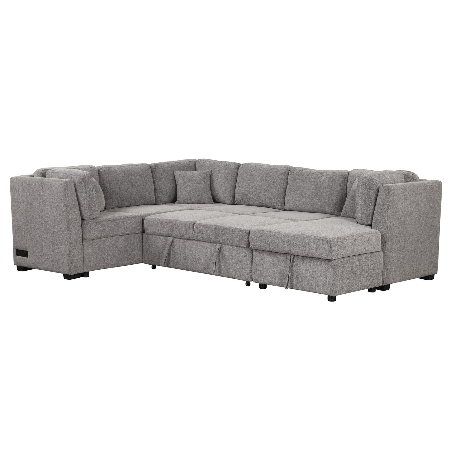 U-Shaped Sectional Sofa Pull Out Sofa Bed With Two USB Ports, Two Power Sockets, Three Back Pillows And A Storage Chaise For Living Room - Light Gray