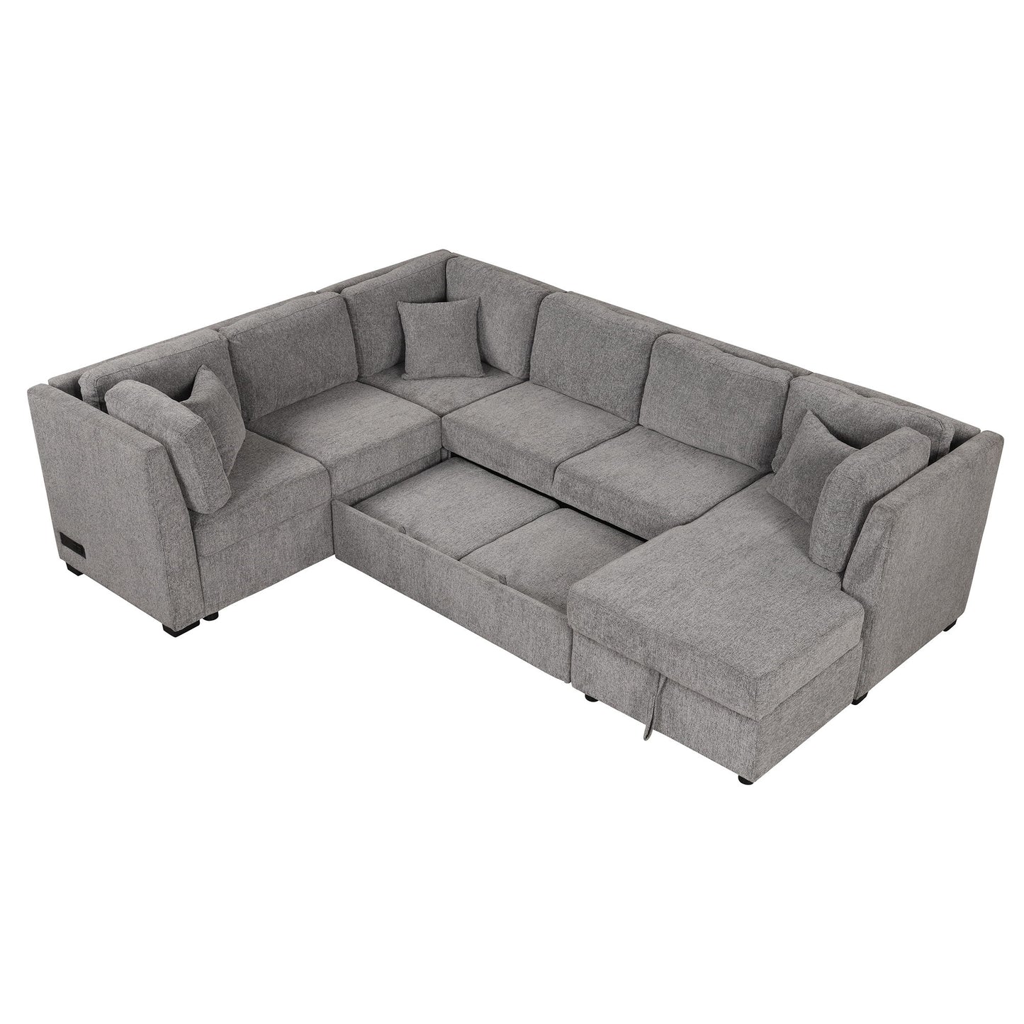 U-Shaped Sectional Sofa Pull Out Sofa Bed With Two USB Ports, Two Power Sockets, Three Back Pillows And A Storage Chaise For Living Room - Light Gray