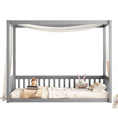 Twin Size Canopy Frame Floor Bed With Fence, Guardrails - Gray
