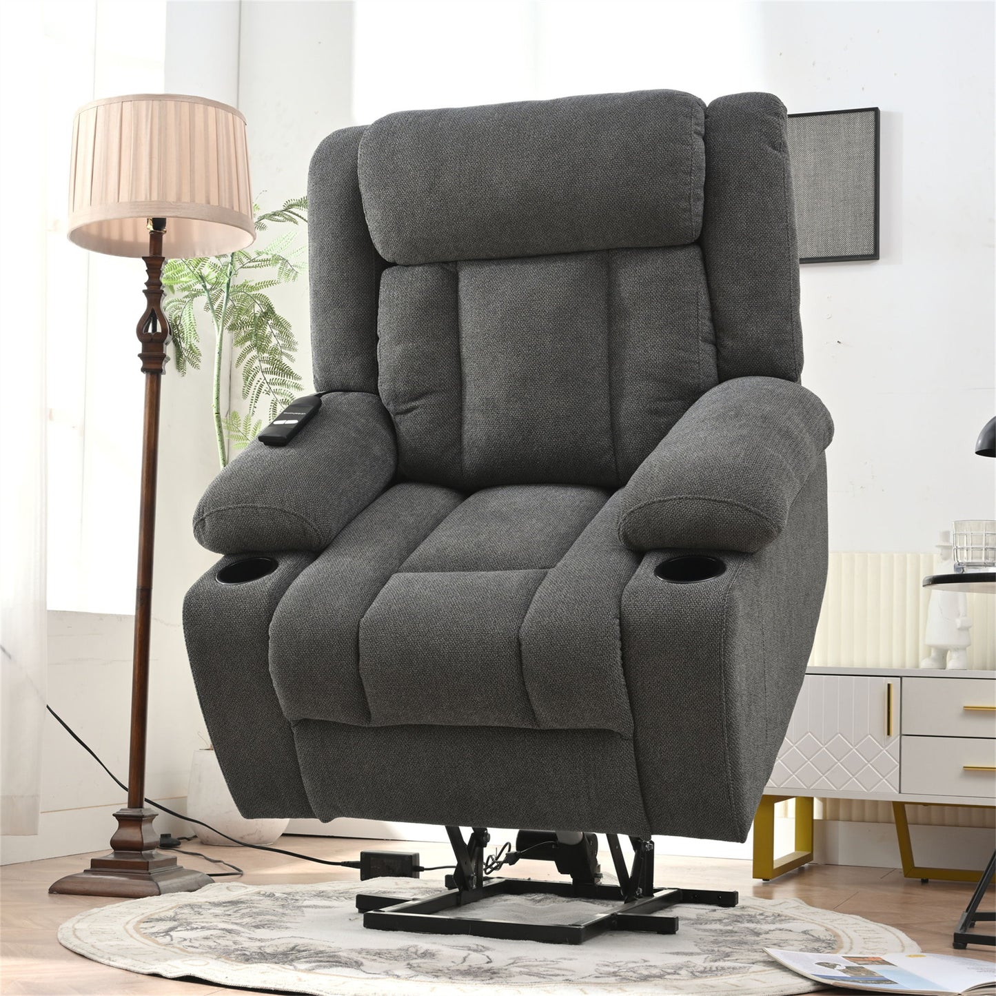 Power Lift Recliner Chair - Fabric Single Sofa With Extended Footrest, Remote Control, Cup Holders, And Side Pockets For Living Room Or Home Theater - Dark Gray