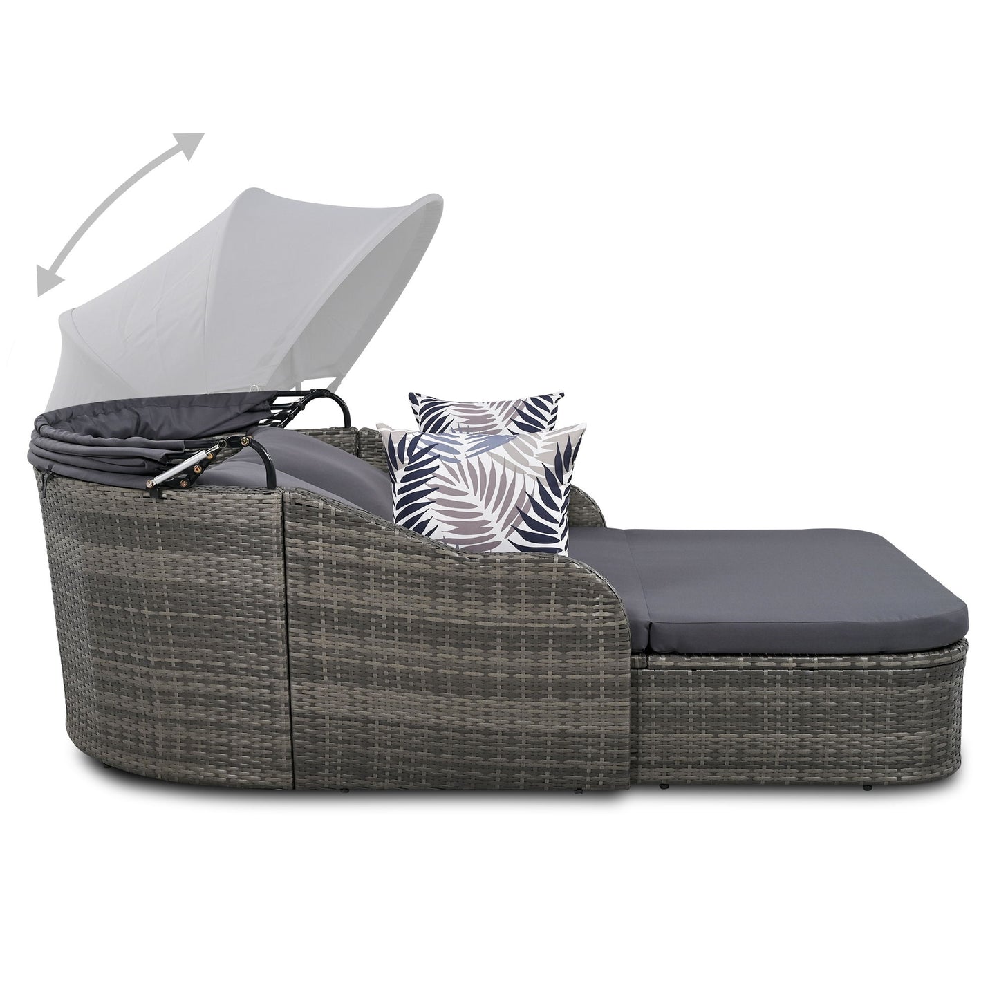Outdoor Sunbed With Adjustable Canopy, Double Lounge, PE Rattan Daybed Wicker And Cushion - Gray