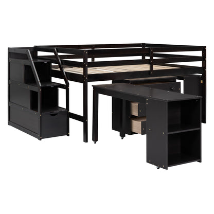 Full Size Loft Bed With Retractable Writing Desk And 3 Drawers With Storage Stairs And Shelves - Espresso