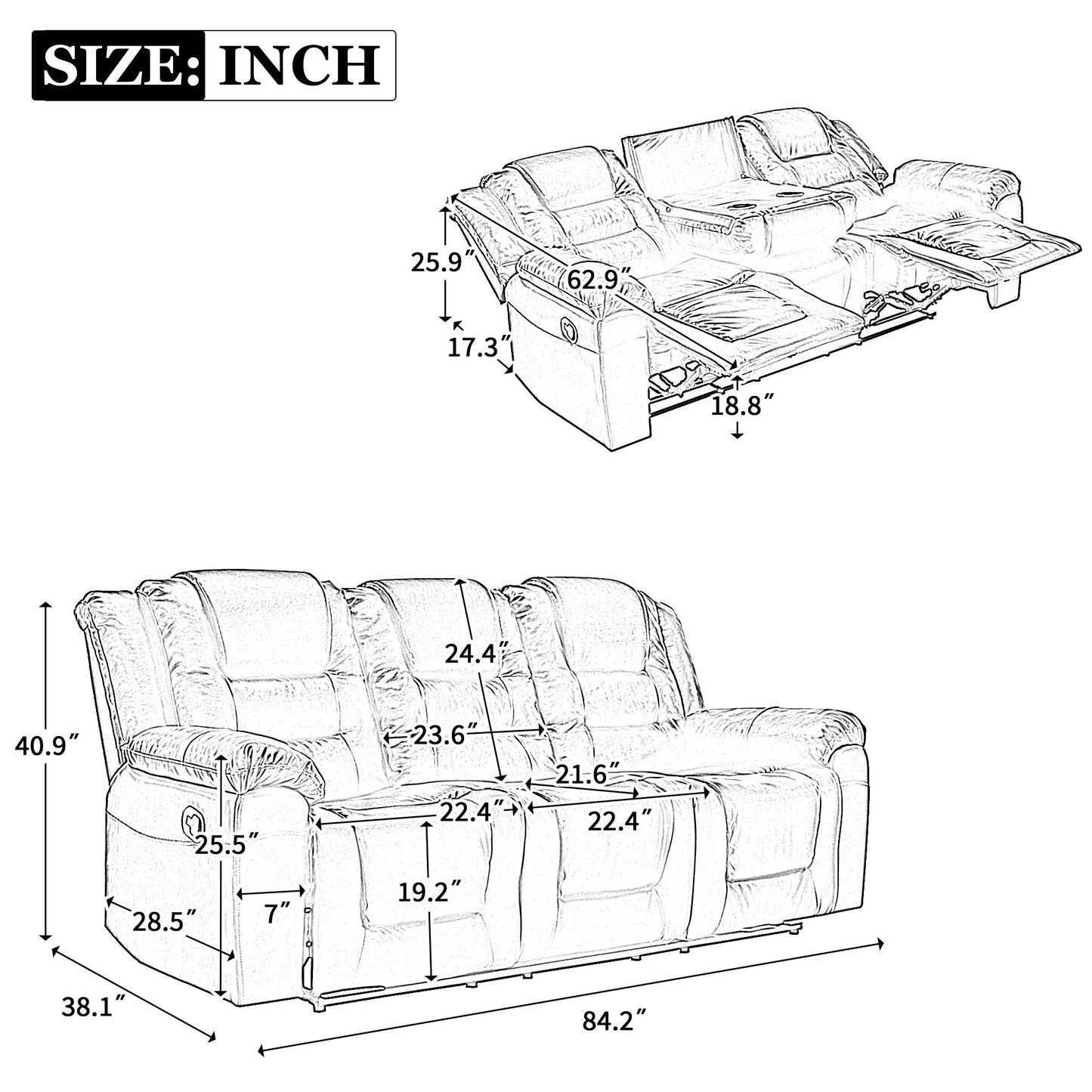 3 Seater Home Theater Recliner Manual Recliner Chair With Two Built-In Cup Holders For Living Room - Gray