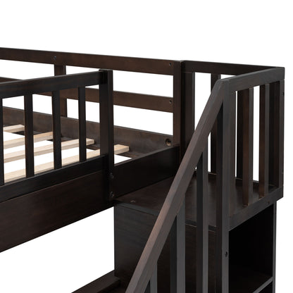 Full Over Full Stairway Bunk Bed With Storage And Guard Rail For Bedroom - Espresso