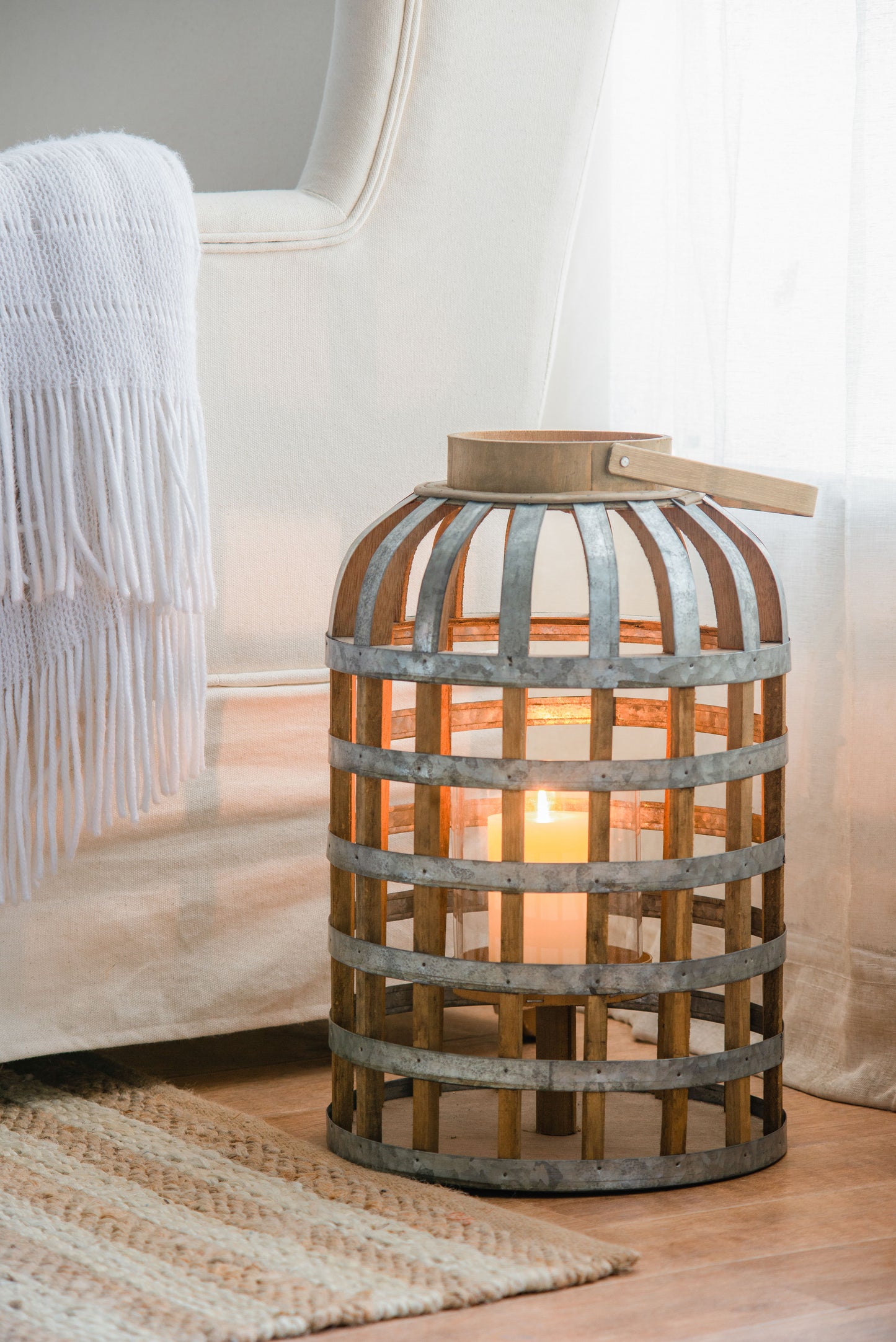 Decorative Lantern With Handle, Wooden Lantern For Indoor Outdoor, Home Garden- Silver