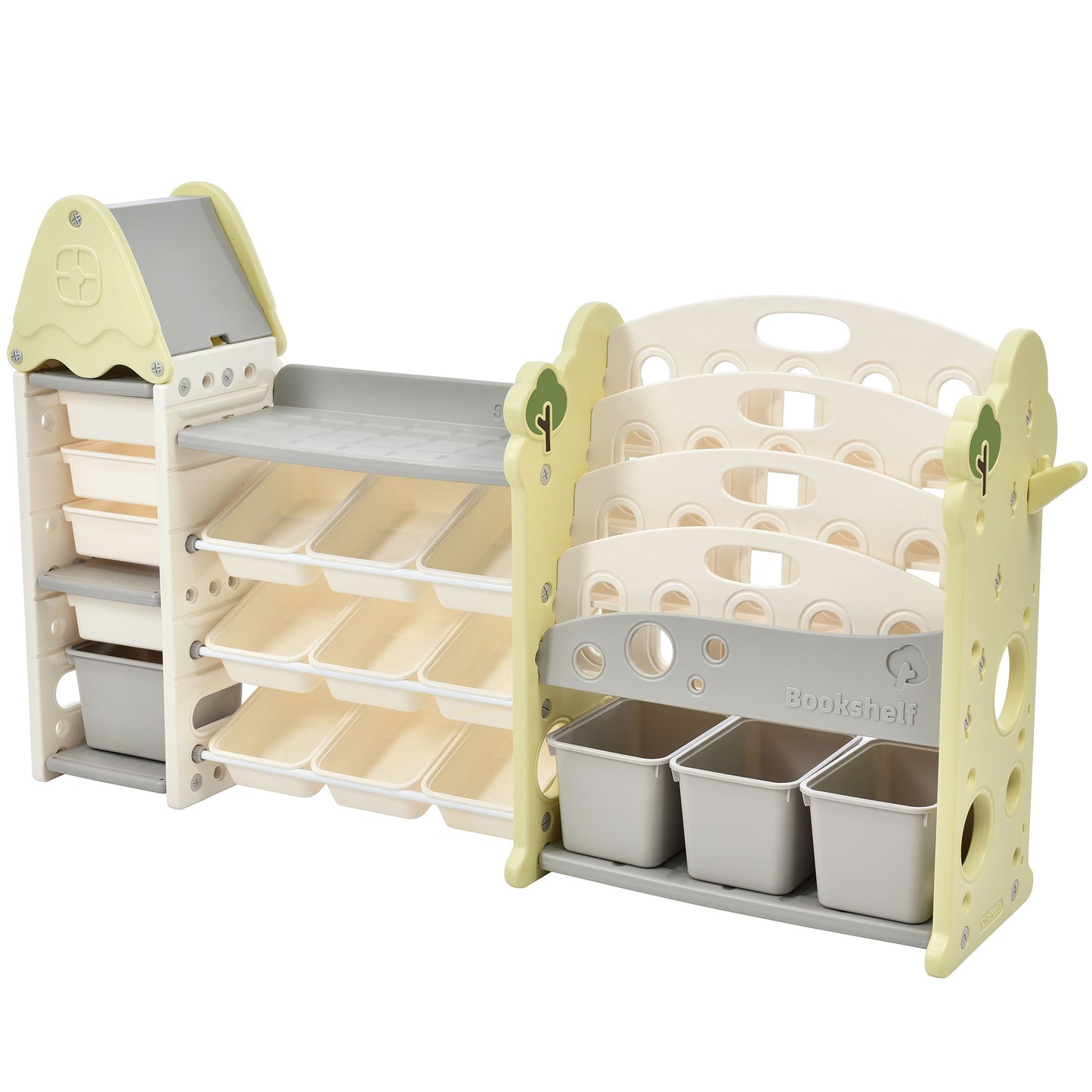 Kids Bookshelf Toy Storage Organizer With 17 Bins And 5 Bookshelves, Multi-Functional Nursery Organizer Kids Furniture Set Toy Storage Cabinet Unit With HDPE SheLF And Bins - Light Green