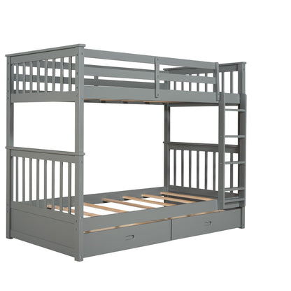 Twin Over Twin Bunk Bed With Ladders And 2 Storage Drawers - Gray
