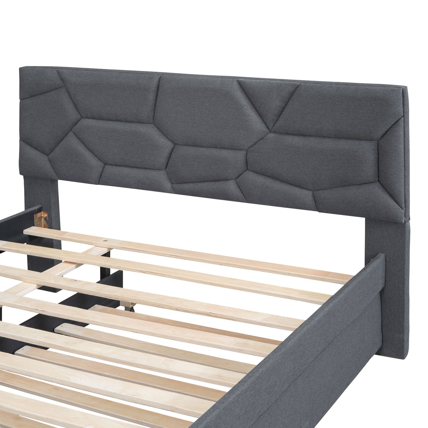 Full Size Upholstered Platform Bed With Brick Pattern Headboard And Twin Size Trundle - Gray