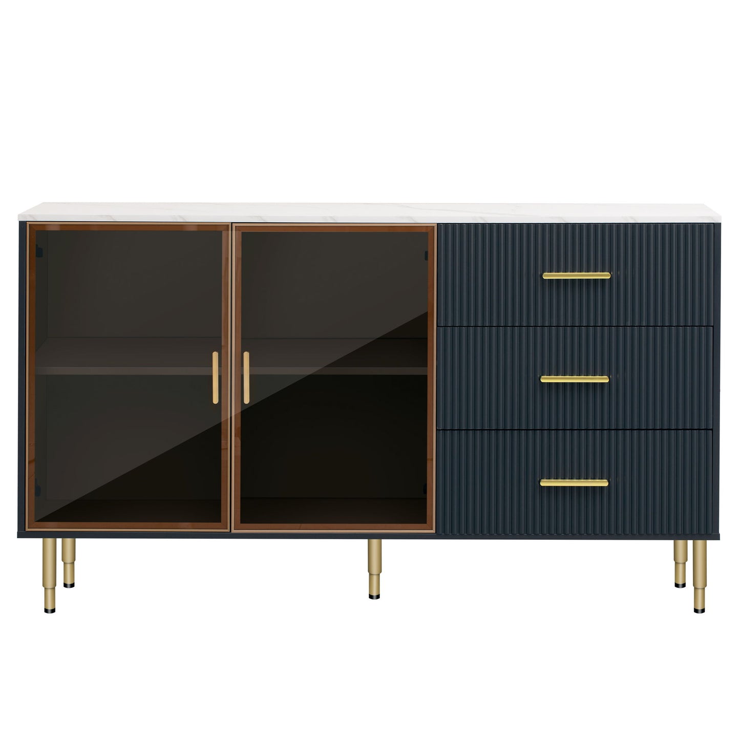 Modern Sideboard Buffet Cabinet Marble Sticker Tabletop And Amber-Yellow Tempered Glass Doors With Gold Metal Legs & Handles - Navy Blue