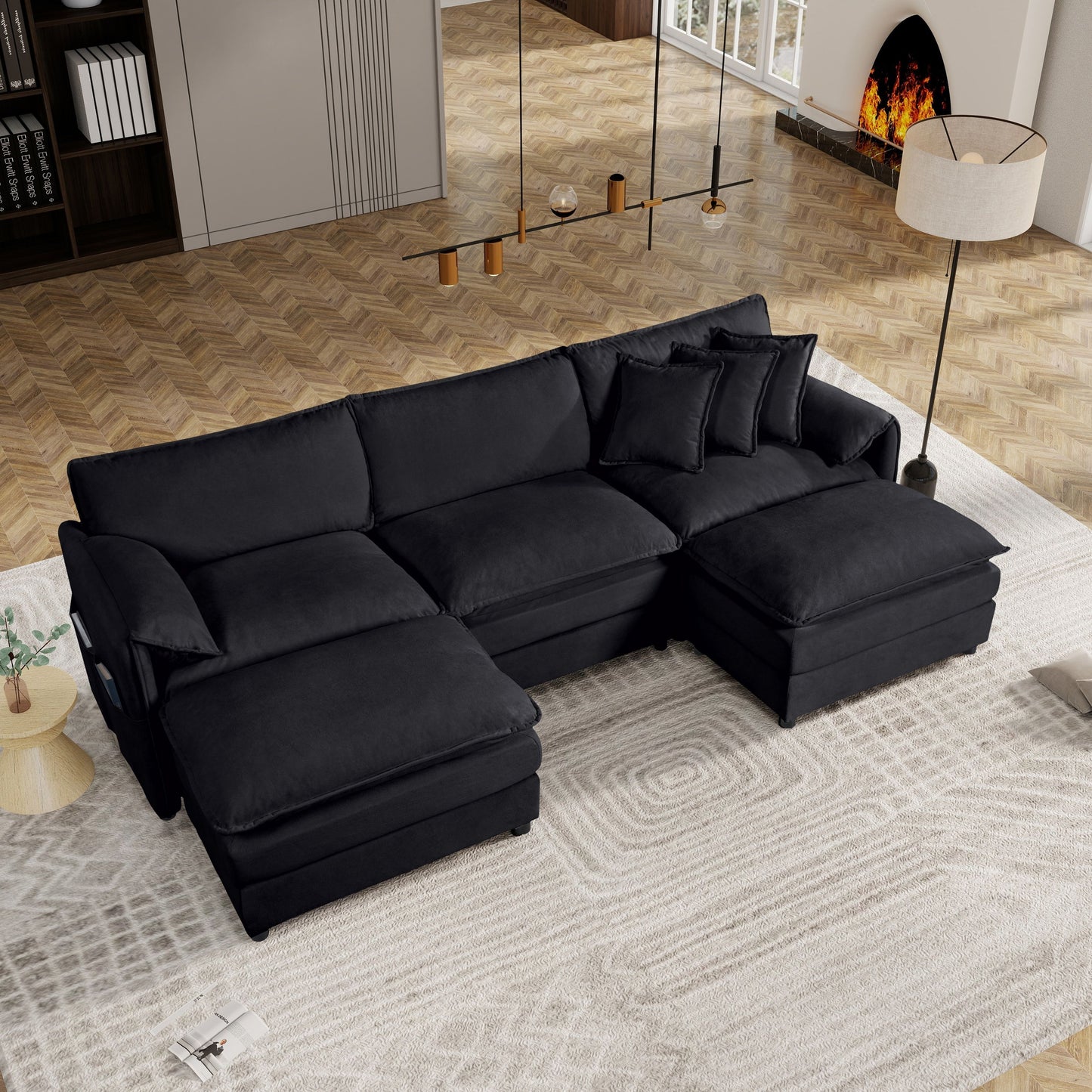 Modular Sectional Sofa, Oversized Deep Seat U Shaped Couch Set With Movable Ottomans, Chenille - Black