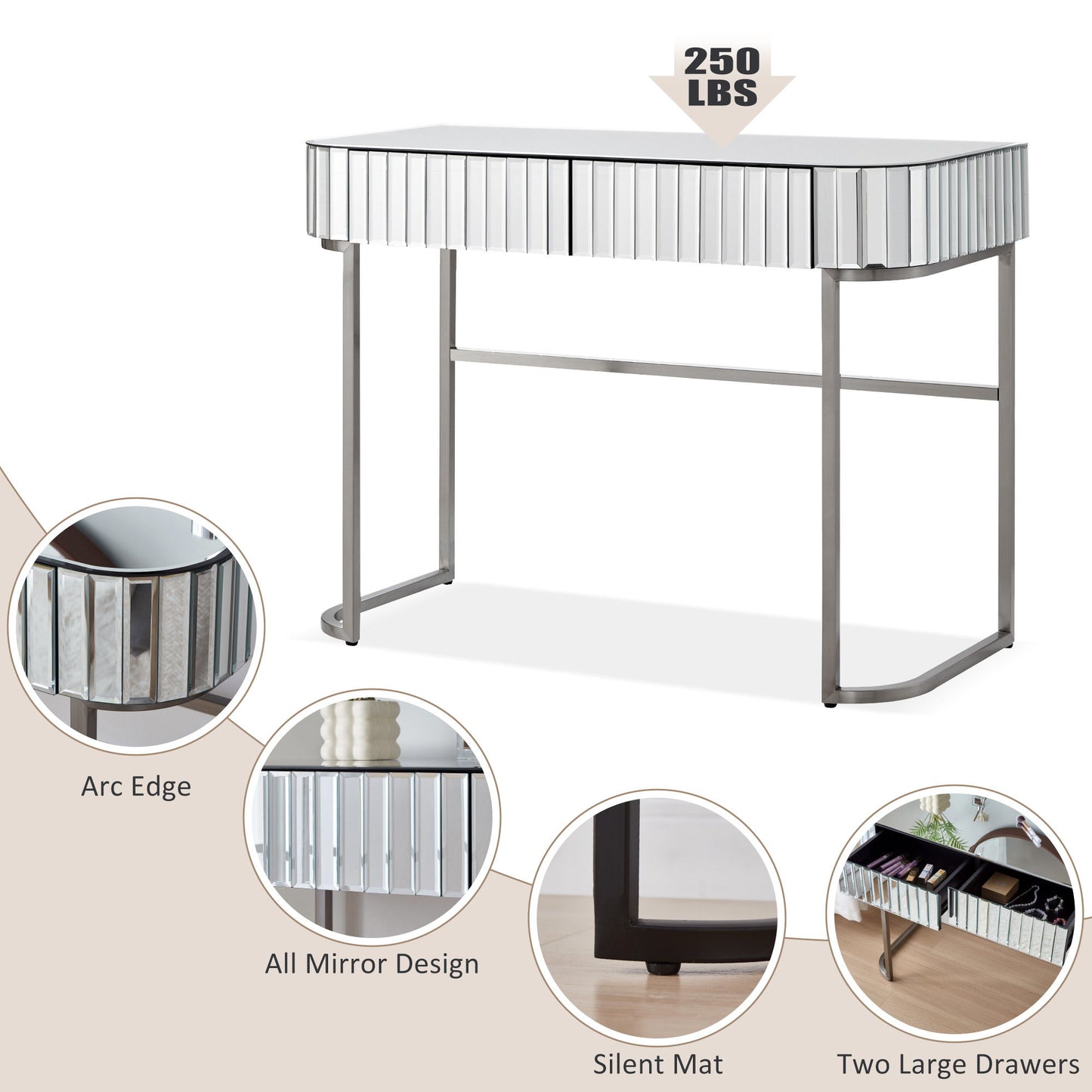 Mirrored Makeup Vanity Table With Stainless Steel Base, Mirrored Console Dressing Table With 2 Drawers, Versatile Desk For Bedroom And Office - Silver