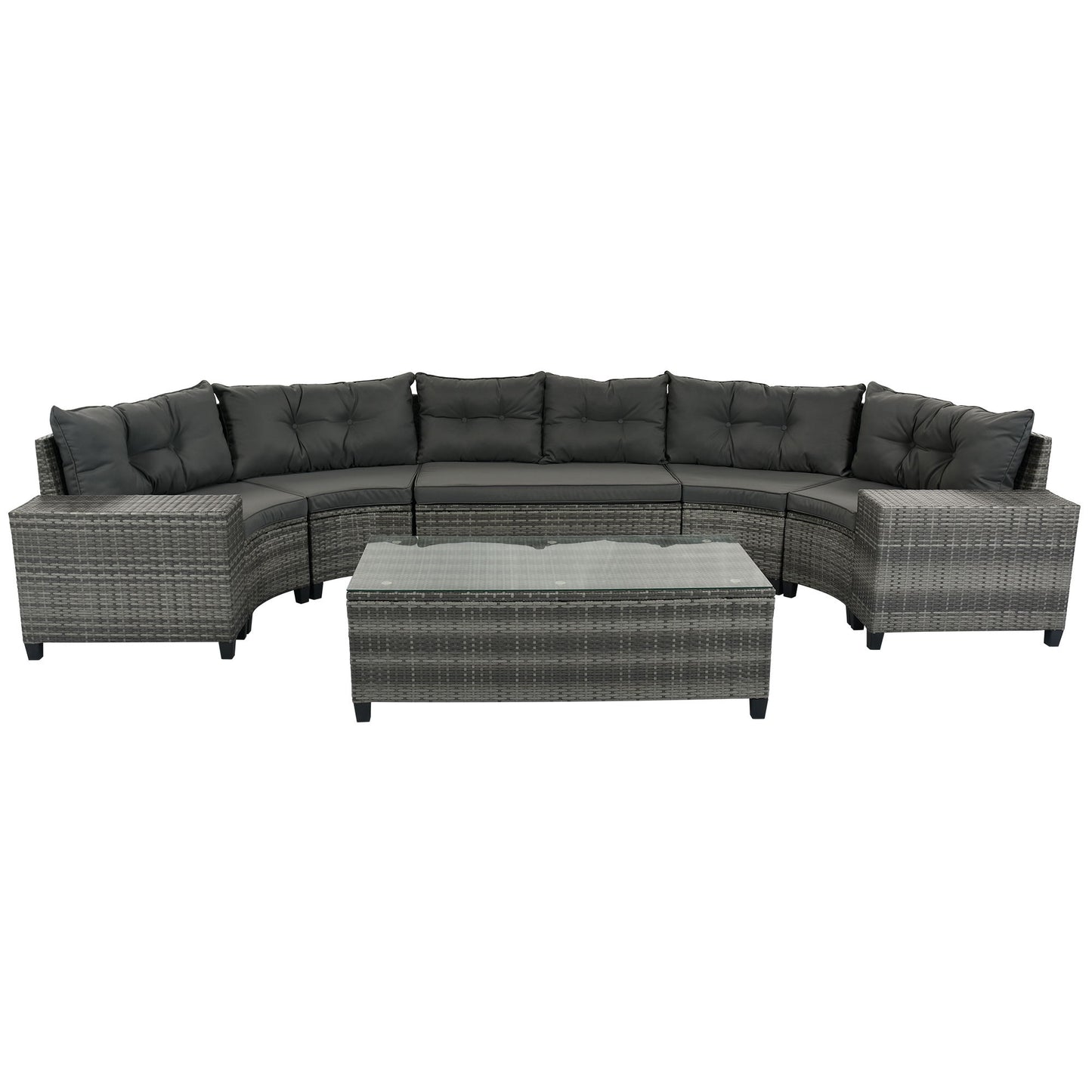 8 Pieces Outdoor Wicker Round Sofa Set, Half-Moon Sectional Sets All Weather, Curved Sofa Set With Rectangular Coffee Table, PE Rattan Water-Resistant And UV Protected, Movable Cushion - Gray