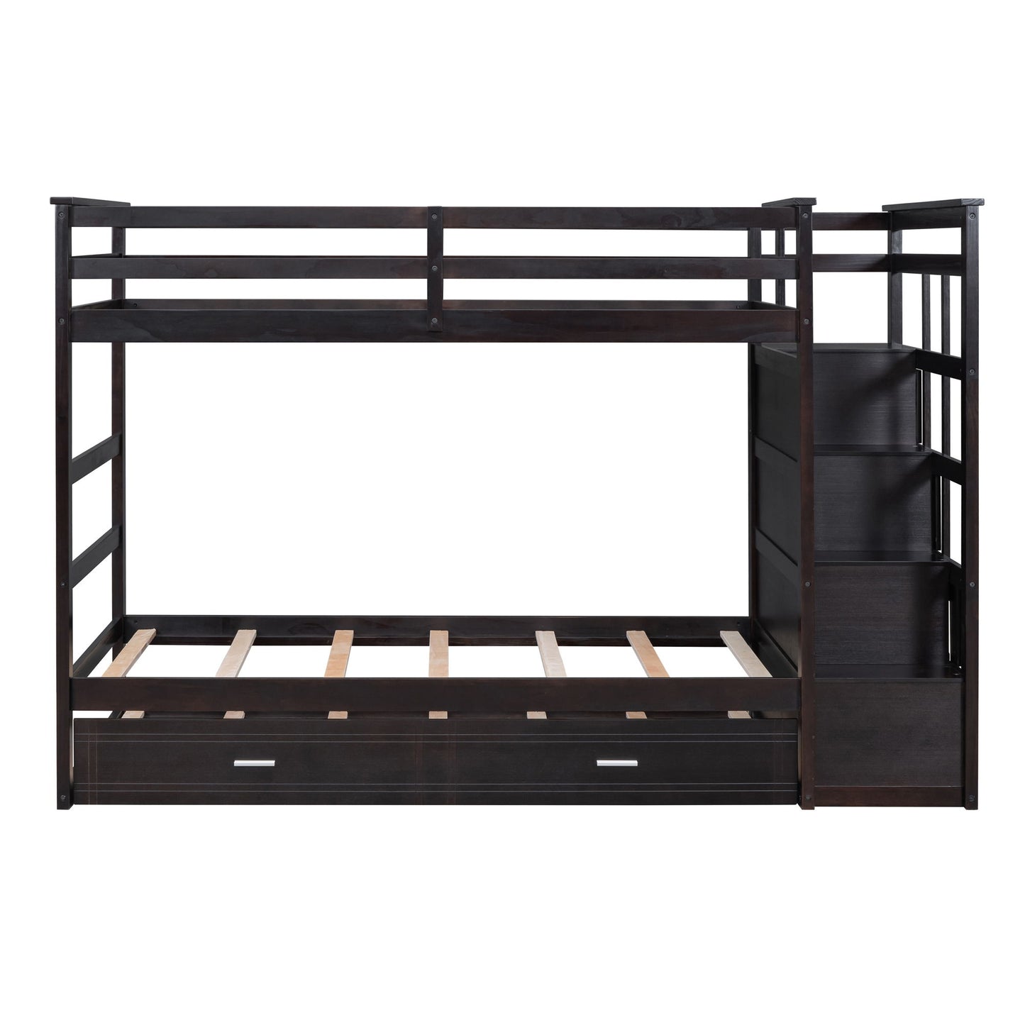 Twin Over Twin Bunk Bed With Trundle And Staircase - Espresso