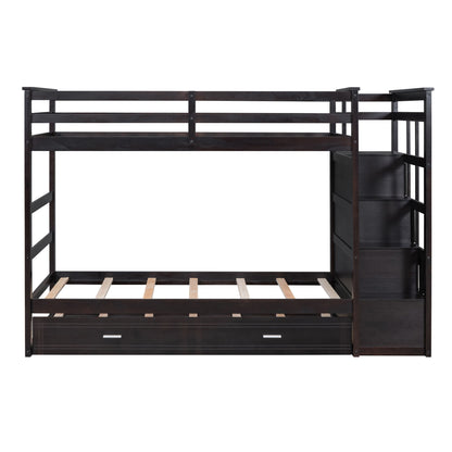 Twin Over Twin Bunk Bed With Trundle And Staircase - Espresso