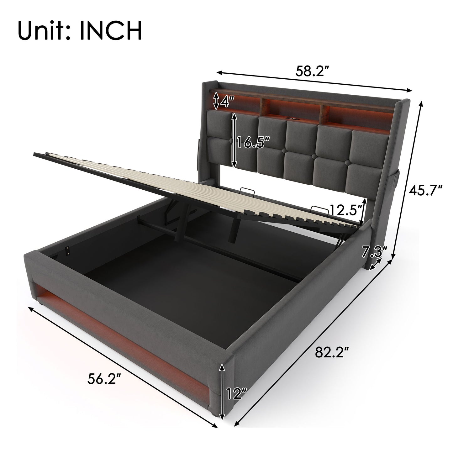 Full Size Upholstered Platform Bed With A Hydraulic Storage System, LED And USB Charging (Without Mattress) - Gray