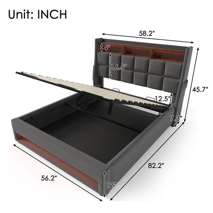 Full Size Upholstered Platform Bed With A Hydraulic Storage System, LED And USB Charging (Without Mattress) - Gray