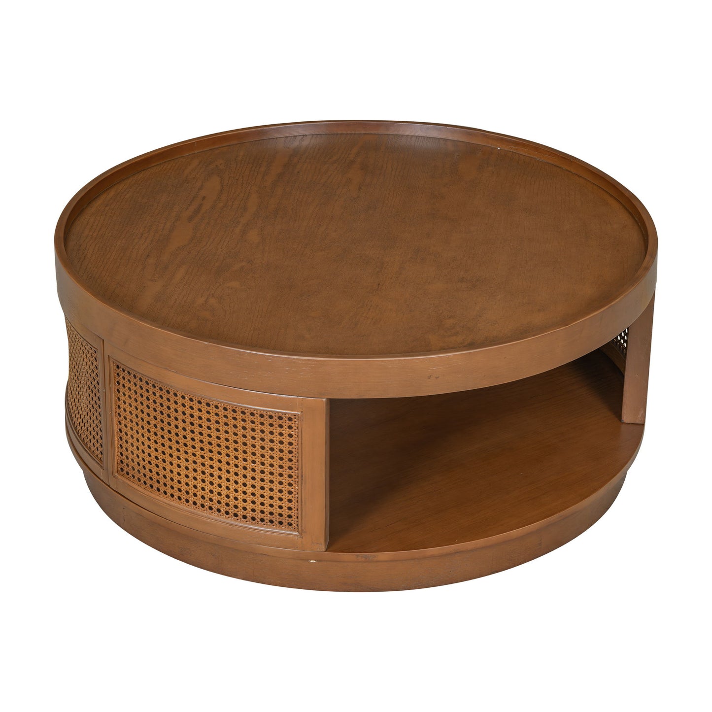 Wooden Mid-Century Modern Coffee Table, Round Cane Coffee Table With Side For Living Room - Brown