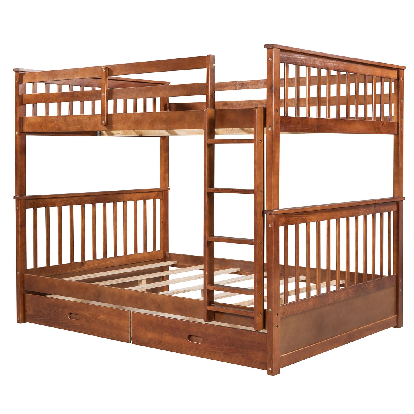 Full Over Full Bunk Bed With Ladders And 2 Storage Drawers - Walnut