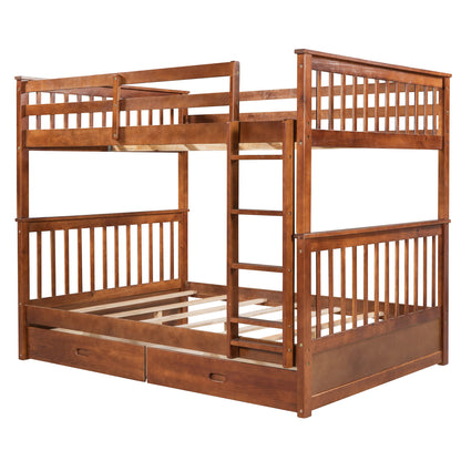 Full Over Full Bunk Bed With Ladders And 2 Storage Drawers - Walnut