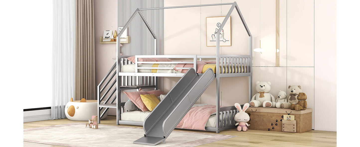 Twin Over Twin Metal Bunk Bed House Bed With Slide And Staircase - Silver