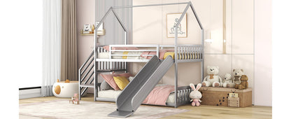 Twin Over Twin Metal Bunk Bed House Bed With Slide And Staircase - Silver