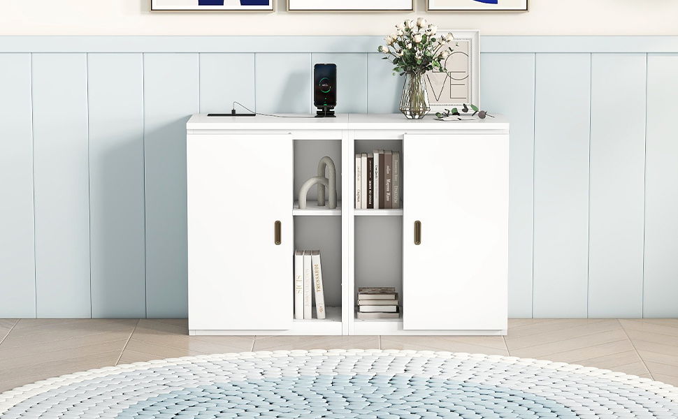 Queen Size Murphy Bed With Shelves, Cabinets And USB Ports - White