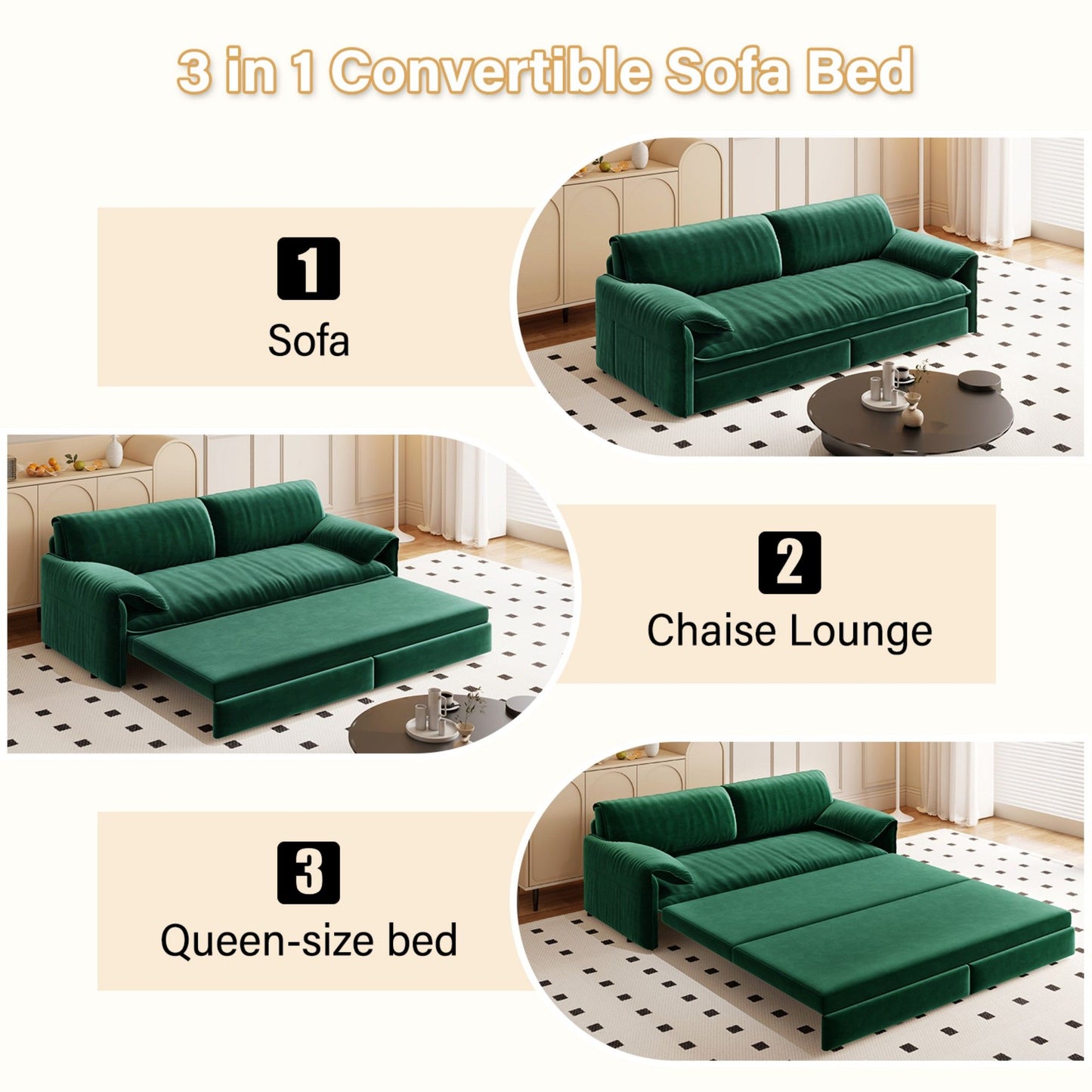 Queen Pull Out Sofa Bed, 3 In 1 Convertible Sleeper Sofa With Side Storage Multifunctional Velvet Loveseat Bed For Living Room - Green