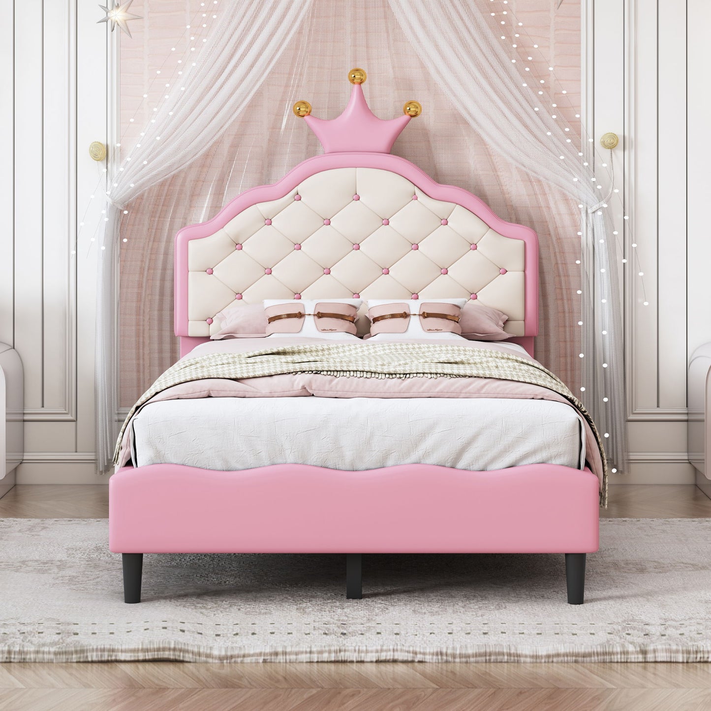 Twin Size Lovely Crown Fantasy Leather Princess Bed With Tufted Headboard - Pink / Cream