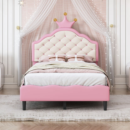Twin Size Lovely Crown Fantasy Leather Princess Bed With Tufted Headboard - Pink / Cream