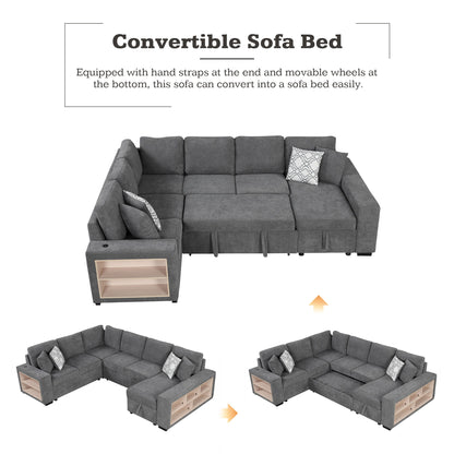 U-Shaped Sectional Sofa Pull-Out Sofa Bed With Two USB Ports, A Storage Chaise Lounge And Four Back Pillows For Living Room - Gray