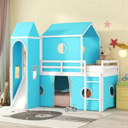 Twin Size Loft Bed With Slide Blue Tent And Tower - Blue