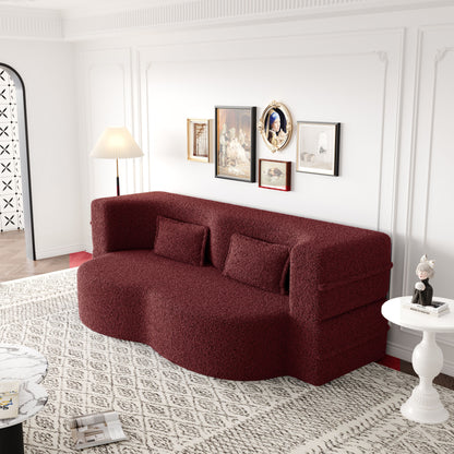 Modern Floor Sofa With 2 Pillows, Convertible Teddy Fabric Foam Filled Sleeper Sofa Bed, Full Size Folding Mattress For Living Room Guest Bed, Playroom, No Assembly Required - Burgundy