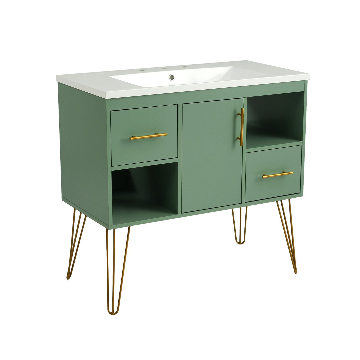 Bathroom Vanity With Resin Sink Combo Set, Modern Freestanding Single Bathroom Cabinet With 2 Drawers & 2 Storage Compartments, Storage Cabinet For Bathroom, Frame Vanity Set - Green