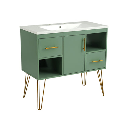 Bathroom Vanity With Resin Sink Combo Set, Modern Freestanding Single Bathroom Cabinet With 2 Drawers & 2 Storage Compartments, Storage Cabinet For Bathroom, Frame Vanity Set - Green
