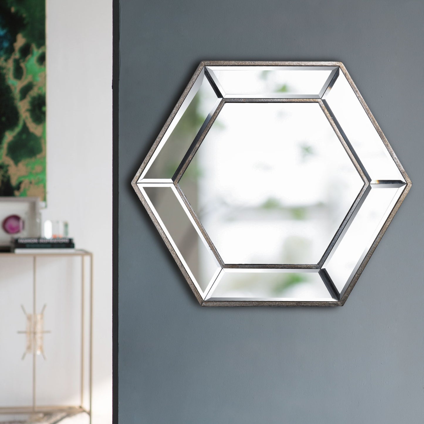 Hexagon Wall Mirror With Contemporary Glass Design, Home Decor Accent Mirror For Living Room, Entryway, Bedroom - Silver