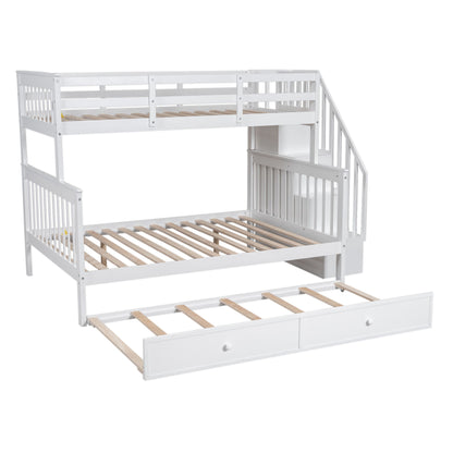 Twin Over Full Bunk Bed With Twin Size Trundle, Storage And Guard Rail For Bedroom - White