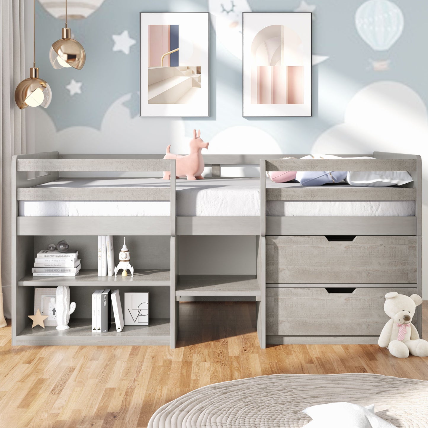 Twin Size Loft Bed With Two Shelves And Two Drawers - Antique Gray