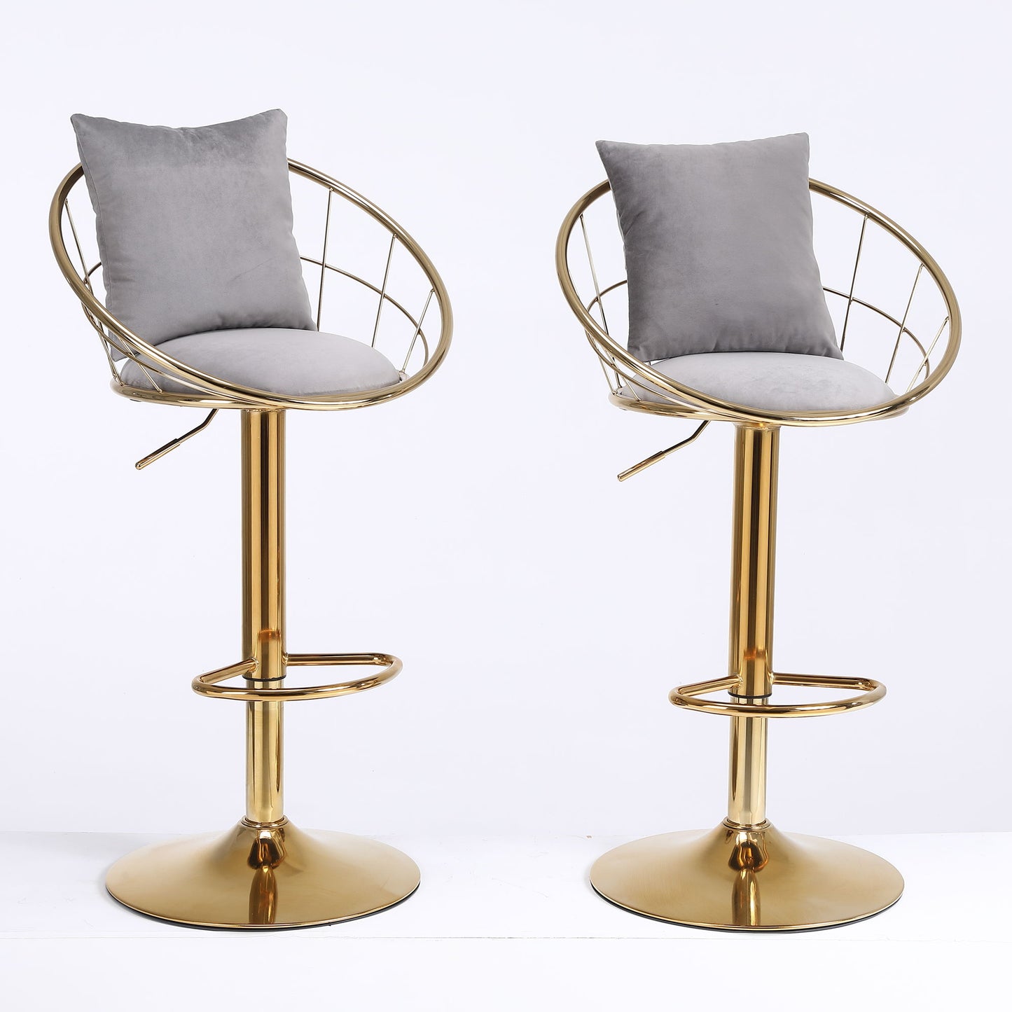 Velvet Bar Chair, Pure Gold Plated, Unique Design, 360 Degree Rotation, Adjustable Height, Suitable For Dining Room And Bar, (Set of 2) - Gray