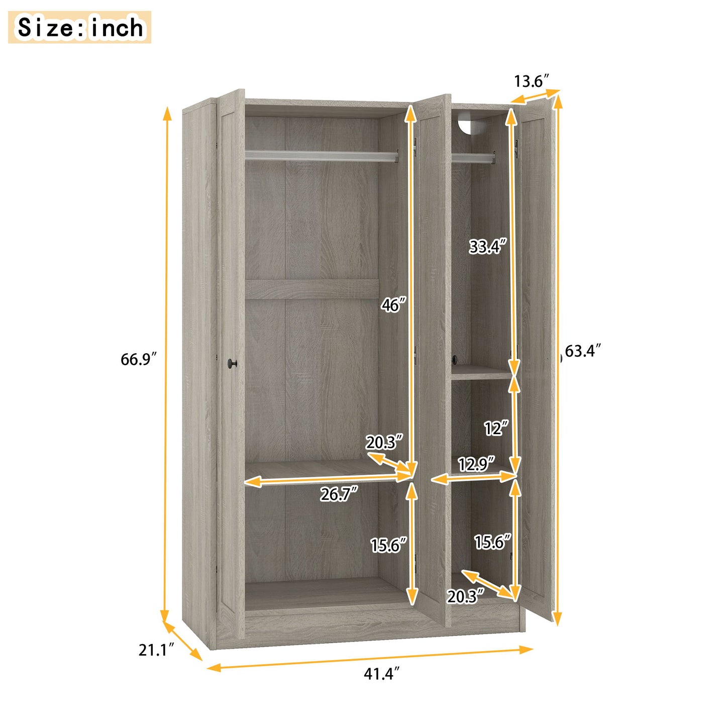 3 Door Shutter Wardrobe With Shelves - Gray