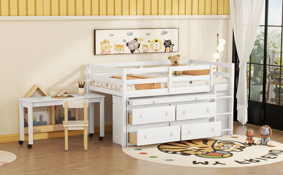Twin Size Loft Bed With Retractable Writing Desk And 4 Drawers, With Lateral Portable Desk And Shelves - White