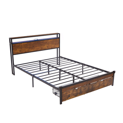 Queen Size Modern Metal Platform Bed Frame With Wooden Headboard And Footboard, USB Charging Station, LED Lights, And 2 Drawers, No Box Spring Needed - Brown / Black