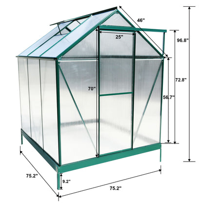 6.3'x6.2'x7' Polycarbonate Greenhouse, Heavy Duty Outdoor Aluminum Walk-In Green House Kit With Rain Gutter, Vent And Door For Backyard Garden - Green