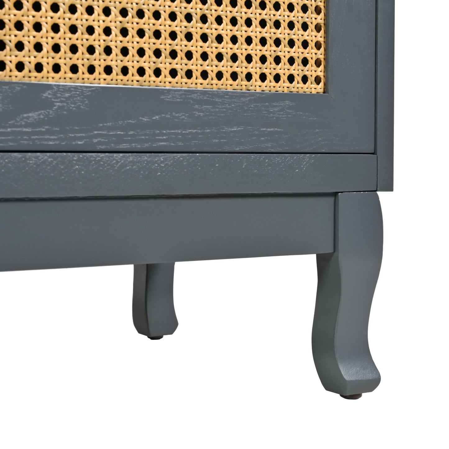 Retro Industrial Gray 4 Door Sideboard With Large Storage, Rattan And Glass Doors - Antique Dark Gray / Rattan