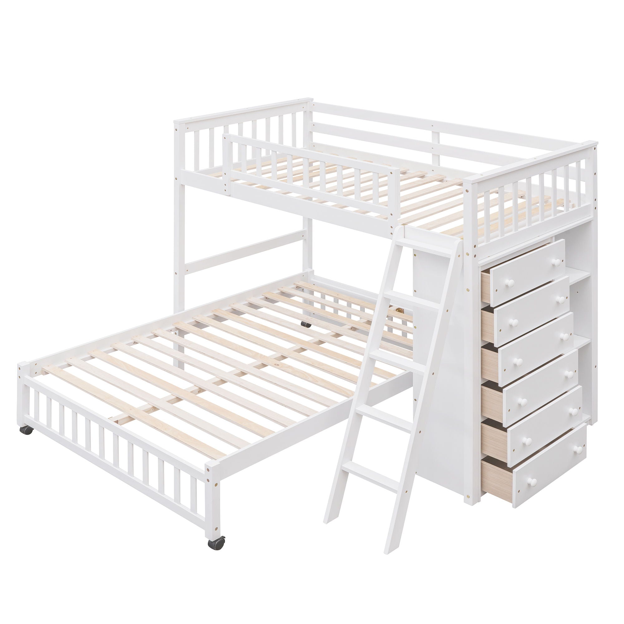 Twin Over Full Bunk Bed With 6 Drawers And Flexible Shelves, Bottom Bed With Wheels - White