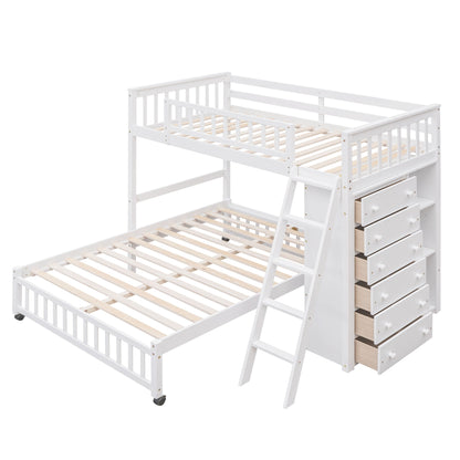Twin Over Full Bunk Bed With 6 Drawers And Flexible Shelves, Bottom Bed With Wheels - White