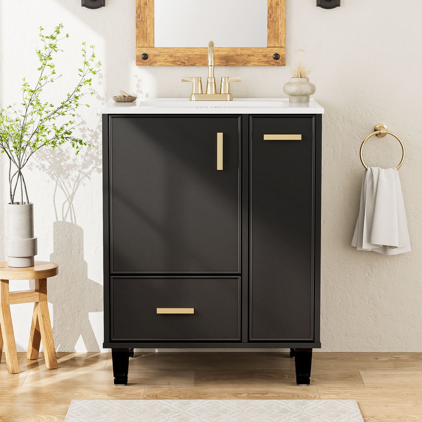 Modern Solid Wood And 24" Bathroom Vanity With Sink, Deep Drawer, Door Shelf, 2 Tier Basket - Black