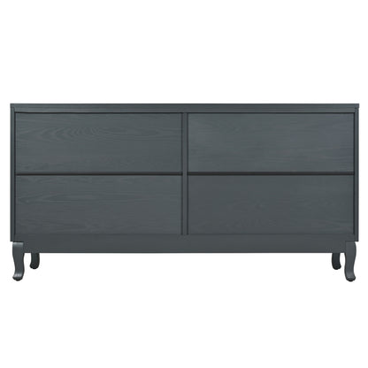 Retro Industrial Gray 4 Door Sideboard With Large Storage, Rattan And Glass Doors - Antique Dark Gray / Rattan